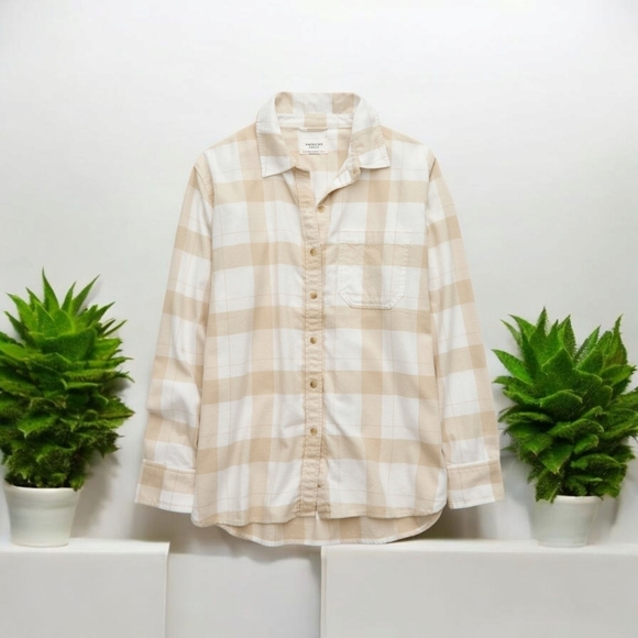 NEW! Beige & White Plaid Button-Up Shirt 100% Cotton Overside Flannel  Size Xl - Picture 2 of 6